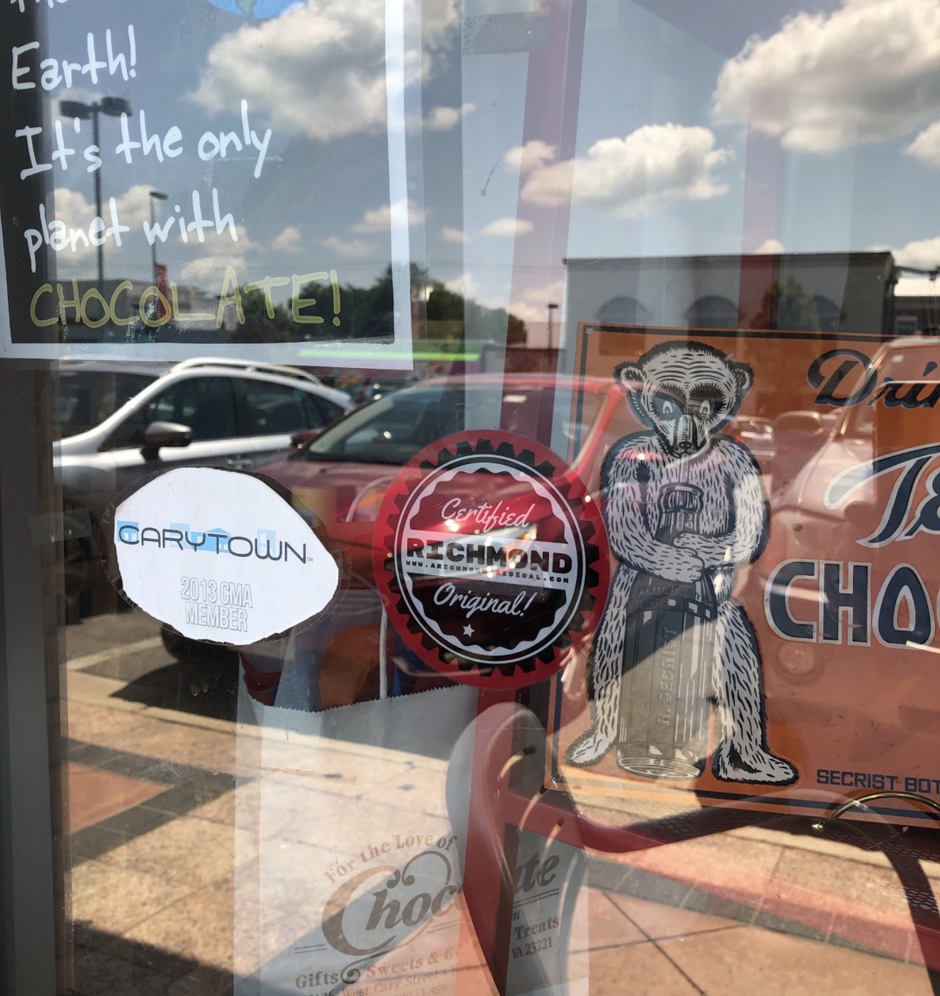 Certified A RICHMOND ORIGINAL badge on the door of For the Love of Chocolate in Carytown